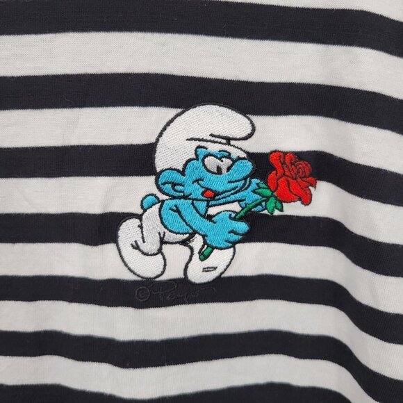 The Smurfs Embroidered Striped T-Shirt Short Sleeve Cotton Crewneck Medium Women - Picture 4 of 10
